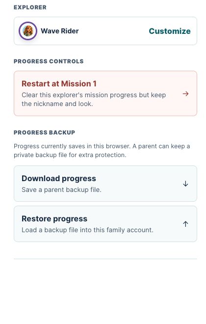 Current Island Tycoon parent controls showing explorer details, restart, download progress, and restore progress options