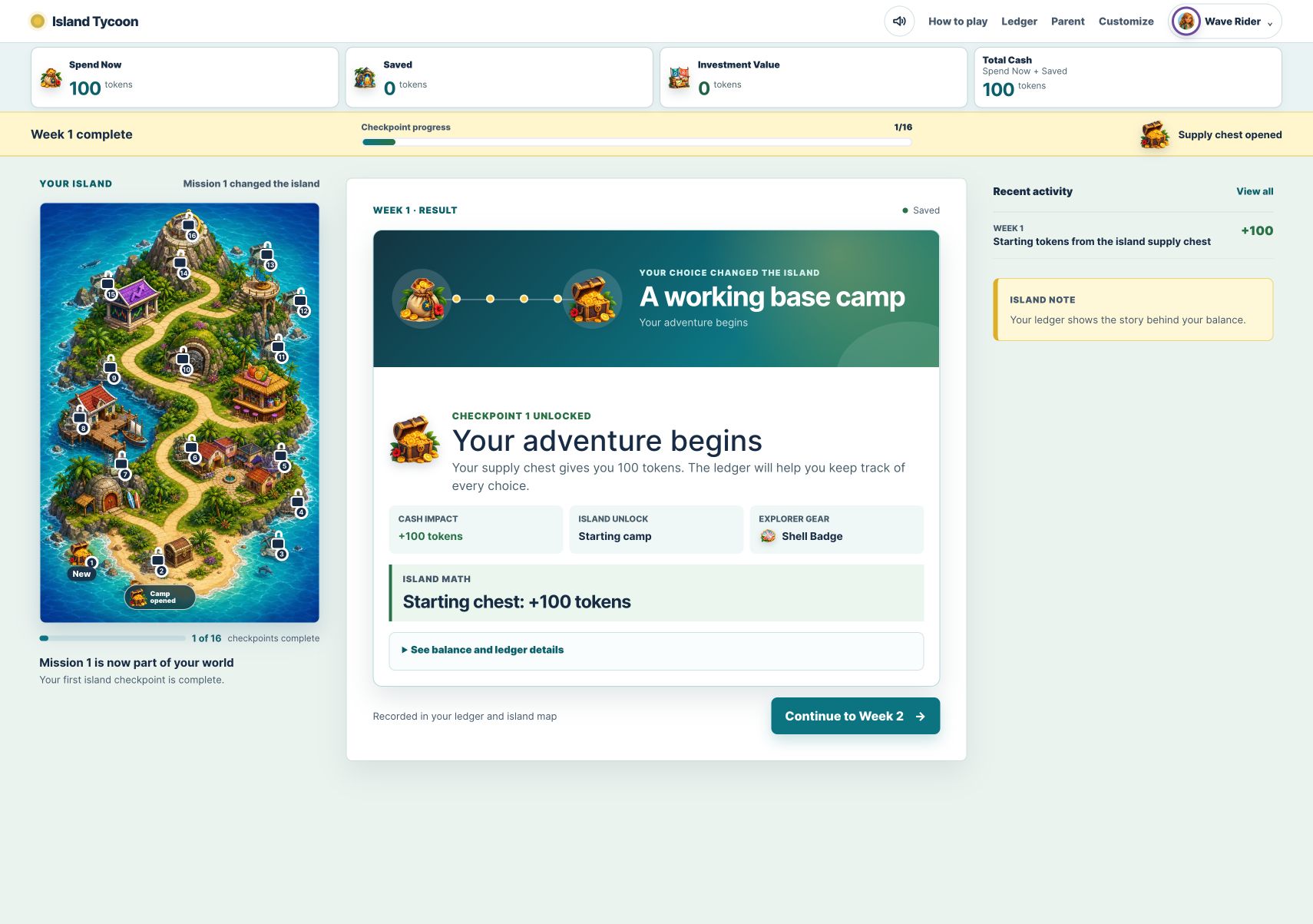 Current Island Tycoon checkpoint result showing the island, balances, progress, reward, and recent ledger activity