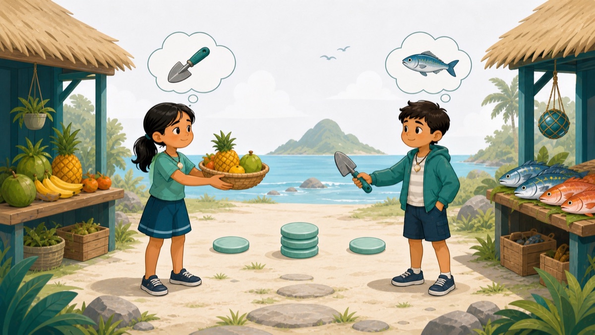 Two young islanders discovering why money makes exchange easier than barter